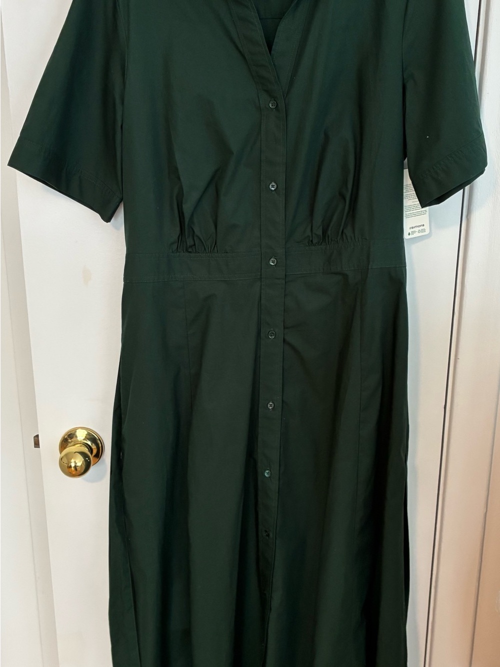 Simons La Contemporaine Dark Green Button-Front V-Neck Midi Dress, organic cotto